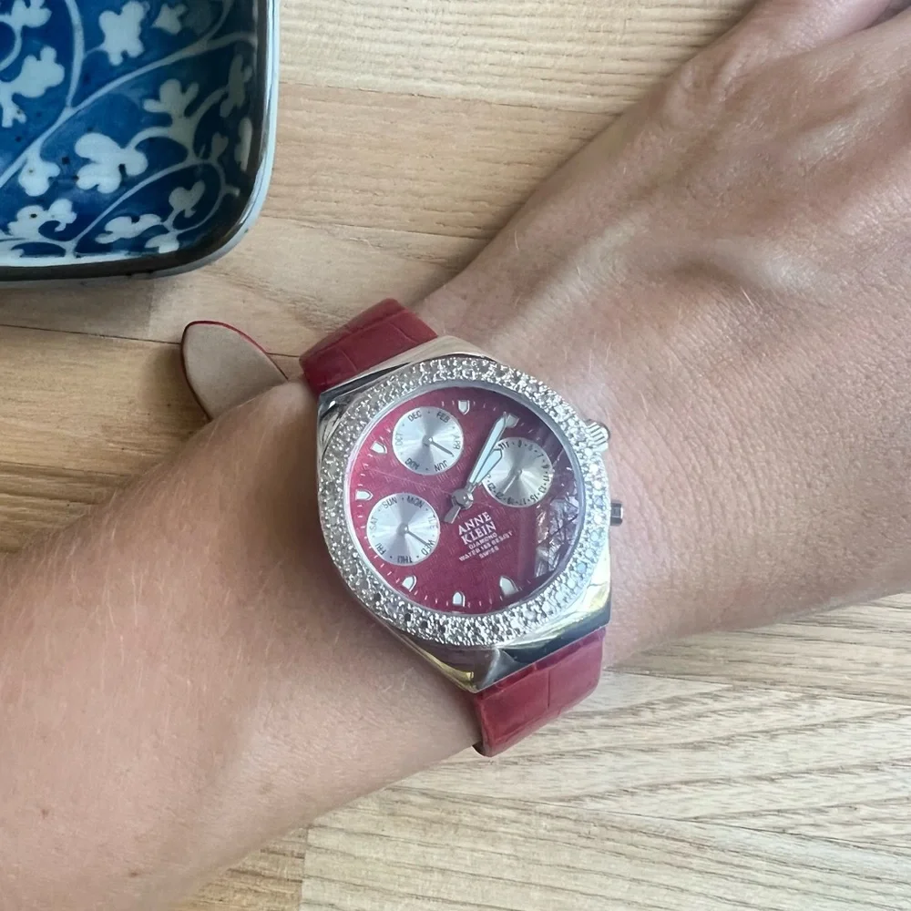Anne Klein ladies diamond Swiss red leather sport watch NEW BATTERY